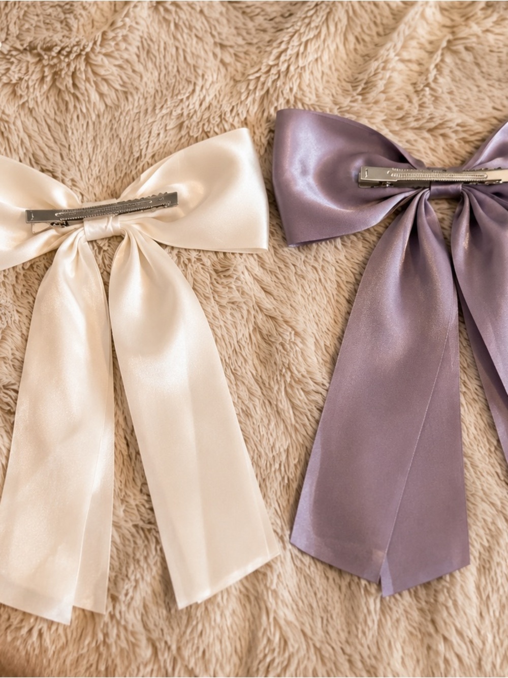 Satin Ribbon Hair Bows in Cream and Lavender - Pair
